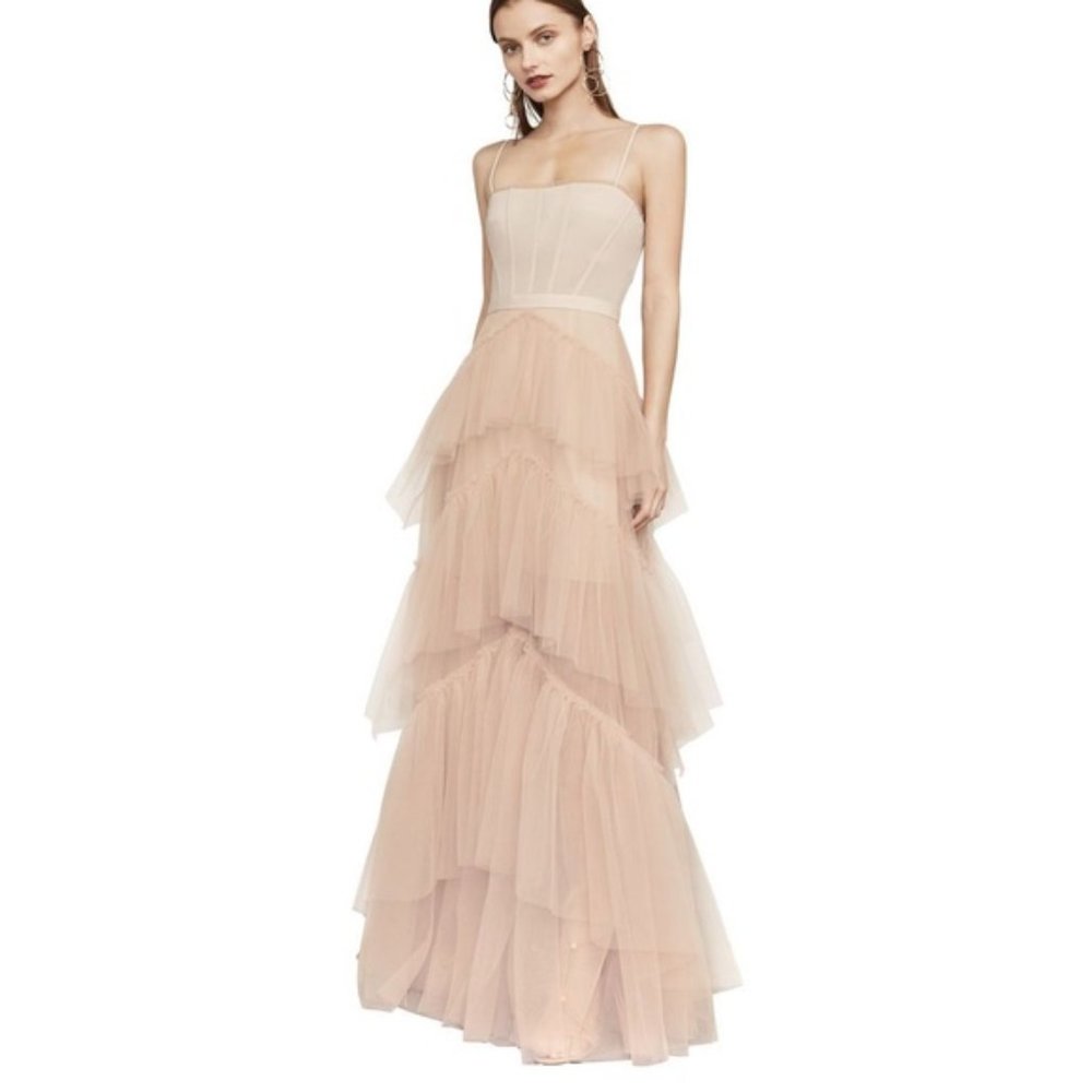 NWT BCBGMAXAZRIA Oly Long Tulle Gown In Bare Pink